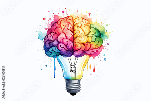 watercolor illustration of a brain inside colorful glowing a light bulb on a white background.Education innovating Idea Creative mind concept