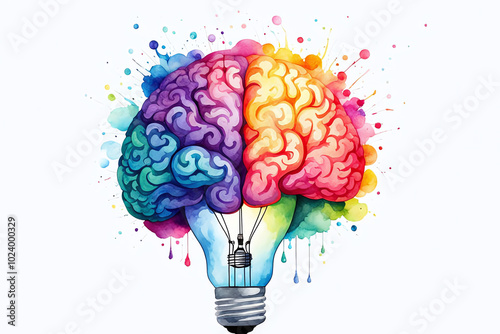 watercolor illustration of a brain inside colorful glowing a light bulb on a white background.Education innovating Idea Creative mind concept