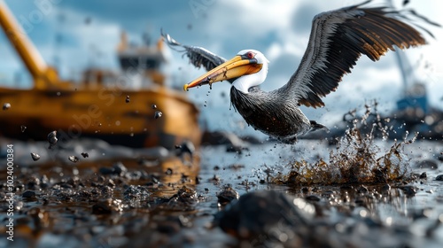 A pelican takes flight amidst splashing water with mining machinery in the background, emphasizing the contrast between wildlife and industrialization in the modern world.