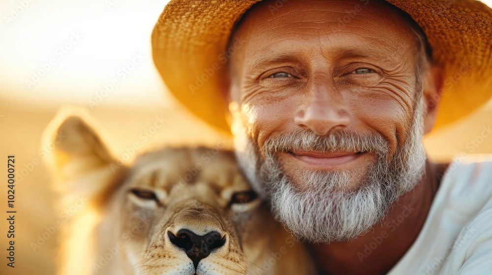 Obraz premium An elderly man in a straw hat is captured smiling contentedly beside a calm wild animal, symbolizing peace and connection in a serene outdoor landscape.
