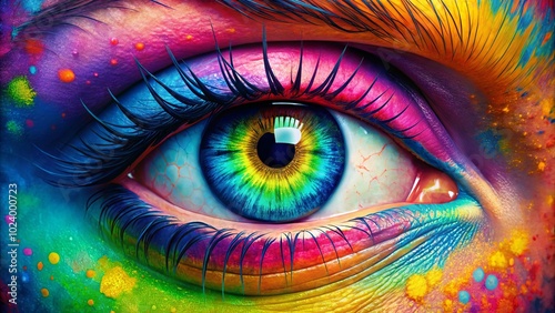 A mesmerizing close-up of a vibrant eye, showcasing intricate details and a captivating rainbow iris that captures the essence of beauty and wonder.