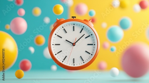 An orange clock floats in mid-air surrounded by colorful spheres against a two-toned background, creating a dynamic sense of time and motion.