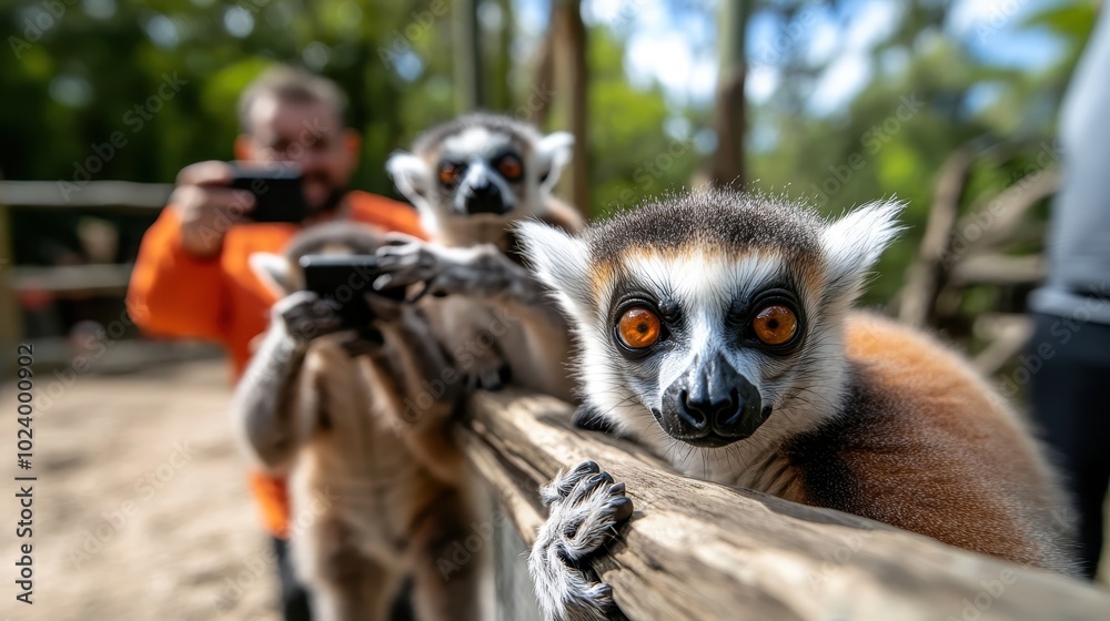 Fototapeta premium A close-up of playful lemurs peering at tourists holding cameras in a zoo environment, highlighting a charming encounter between wildlife and humans enjoying nature.