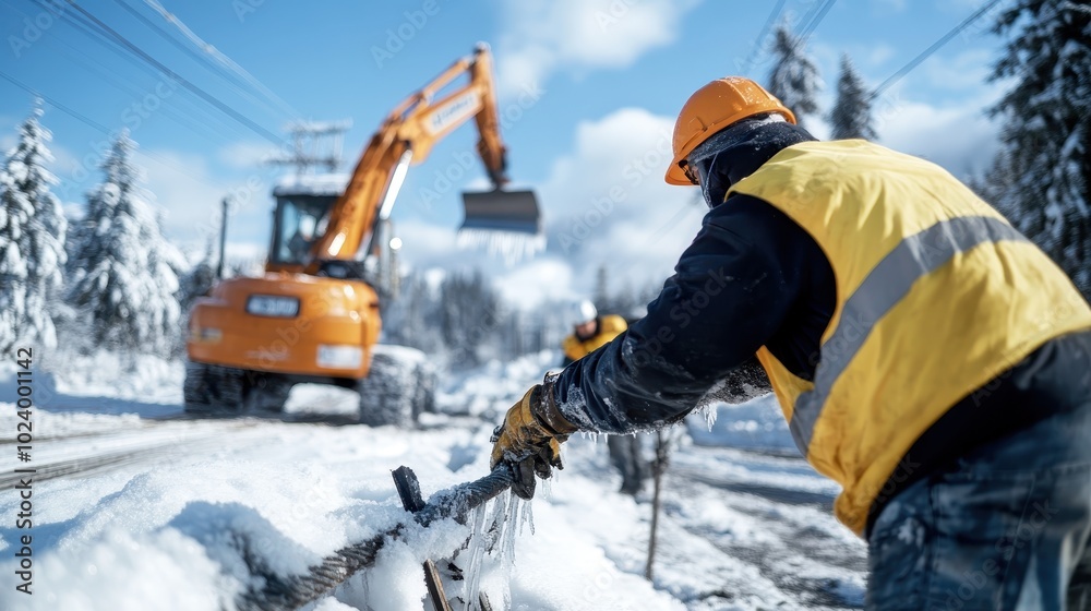 A construction worker wearing a yellow vest and hard hat pulls a cable alongside an excavator in a snowy setting, emphasizing coordination and industrial strength. A construction worker wearing a yellow vest and hard hat pulls a cable alongside an excavator in a snowy setting, emphasizing coordination and industrial strength.