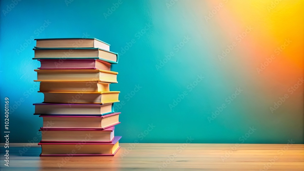 A vibrant stack of colorful books against a blue wall with a soft orange glow A vibrant stack of colorful books against a blue wall with a soft orange glow