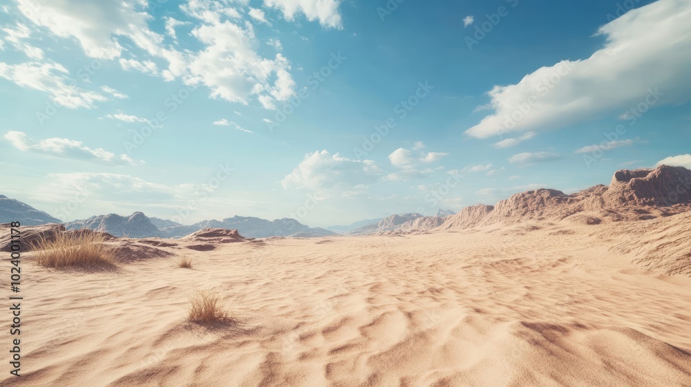 A vast, sandy desert landscape stretches out under a clear blue sky with fluffy white clouds. A vast, sandy desert landscape stretches out under a clear blue sky with fluffy white clouds.