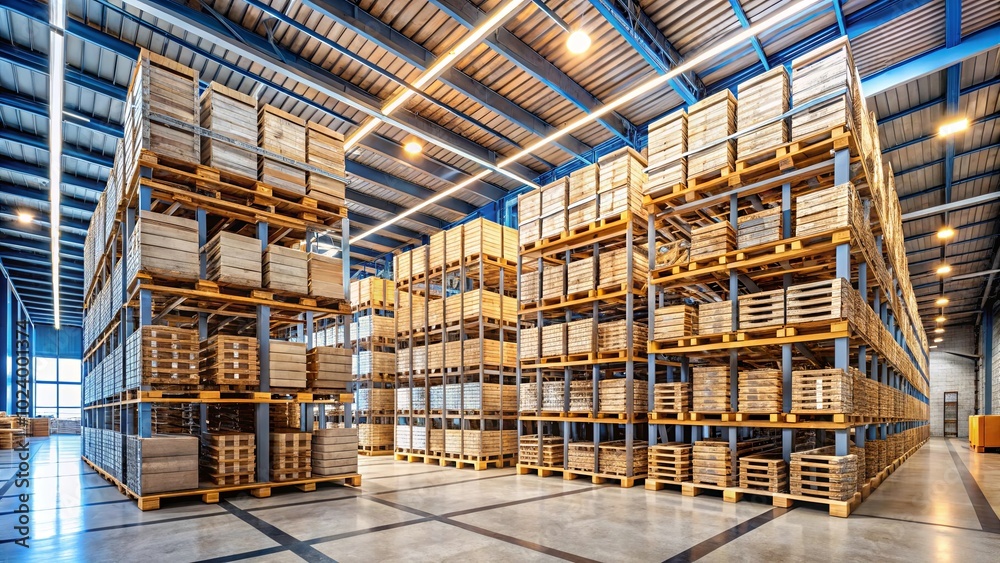 A warehouse interior with numerous rows of stacked wooden crates organized on metal shelving units, creating a visually striking and functional storage system. A warehouse interior with numerous rows of stacked wooden crates organized on metal shelving units, creating a visually striking and functional storage system.