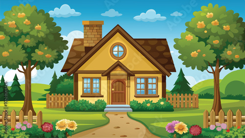 Charming Cozy House Exterior Vector Art A Peaceful Home in a Serene Background Illustration