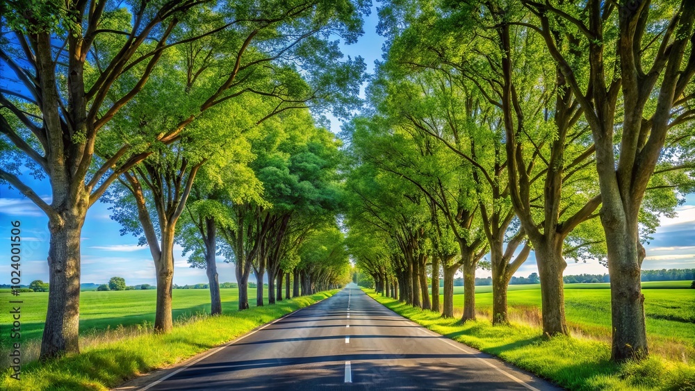 A long, paved road lined with rows of tall trees, creating a verdant tunnel that leads the eye towards a distant horizon A long, paved road lined with rows of tall trees, creating a verdant tunnel that leads the eye towards a distant horizon