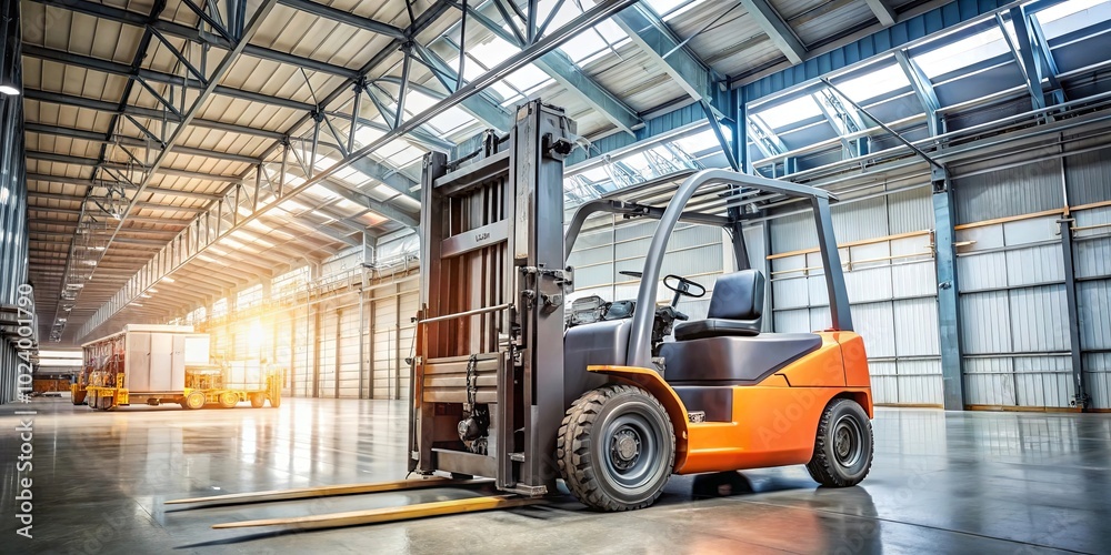 Fototapeta premium A bright orange forklift with a raised mast in a spacious warehouse with large industrial doors