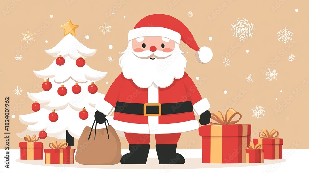 Flat Style Illustration of Santa Claus in a Festive Christmas Setting Flat Style Illustration of Santa Claus in a Festive Christmas Setting