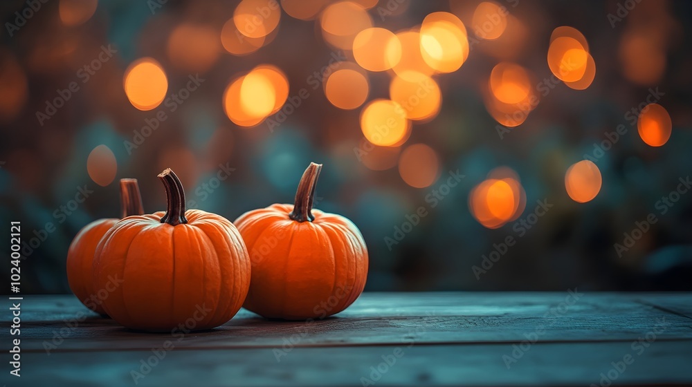 Halloween, orange pumpkins on a wooden table on a bokeh glowing background, copy space Halloween, orange pumpkins on a wooden table on a bokeh glowing background, copy space
