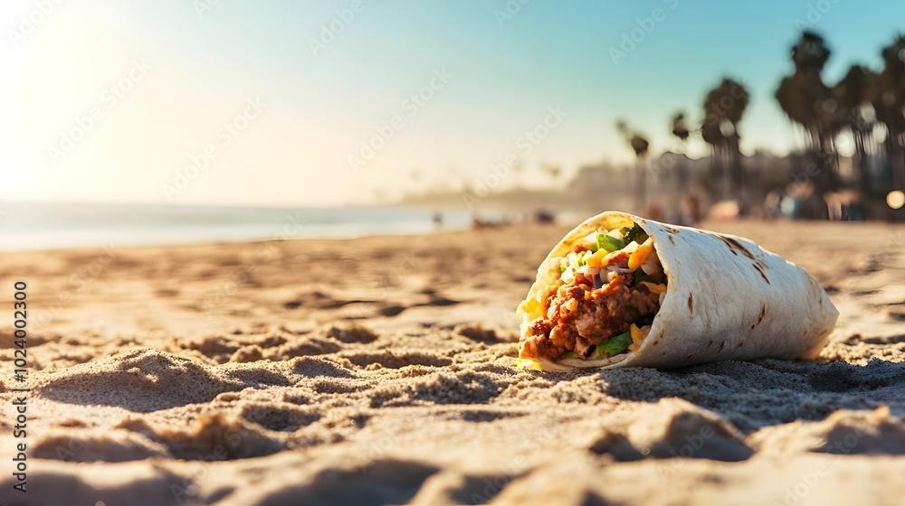 Obraz premium California style burrito being showcased on the beach of San Diego landscape