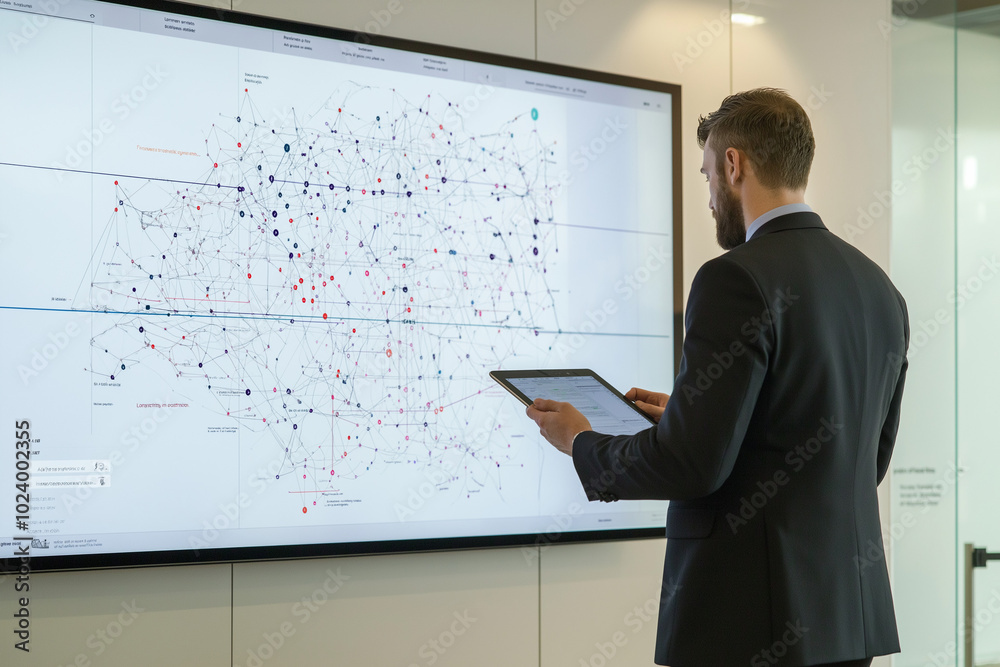 A businessman analyzing market data and project plans on a large screen in an office focusing on decision-making corporate planning and data visualization. A businessman analyzing market data and project plans on a large screen in an office focusing on decision-making corporate planning and data visualization.