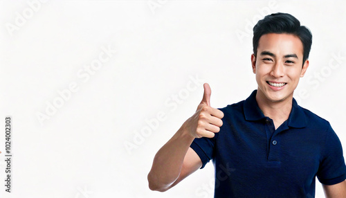 A East Asian man wearing a navy blue polo shirt is giving a thumbs up against a white background.