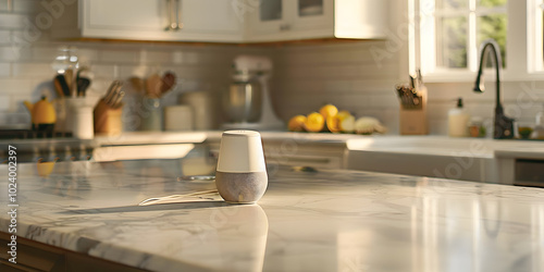 Assistente doméstico com inteligência artificial em uma bancada de cozinha