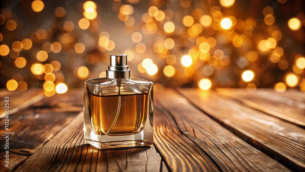 A glass bottle of amber liquid sits on a rustic wooden surface, bathed in the warm glow of soft bokeh lights. A glass bottle of amber liquid sits on a rustic wooden surface, bathed in the warm glow of soft bokeh lights.