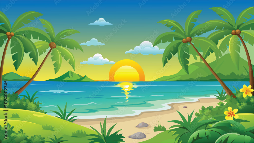Stunning Sunset Beach Vector Art Golden Skies and Gentle Waves in a Tranquil Background Scene Stunning Sunset Beach Vector Art Golden Skies and Gentle Waves in a Tranquil Background Scene