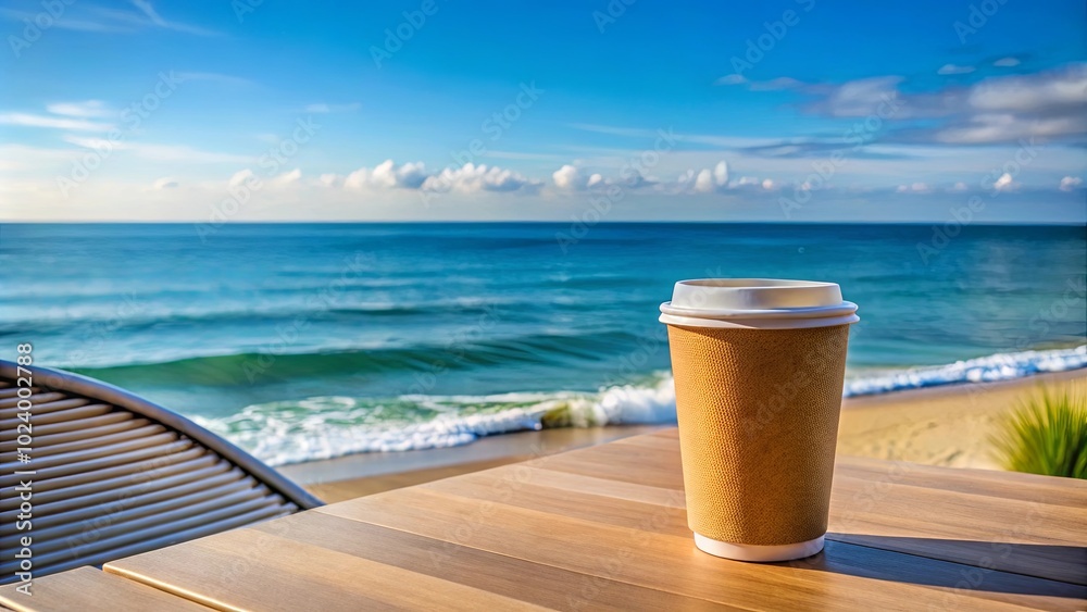 A solitary coffee cup resting on a wooden table, a calming ocean backdrop in the distance A solitary coffee cup resting on a wooden table, a calming ocean backdrop in the distance