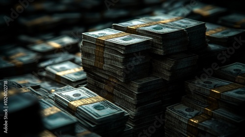 Massive pile of $12 billion in cash dark black background photo