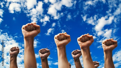 Protest fists in the air riot in a huge crowd over a movement photo