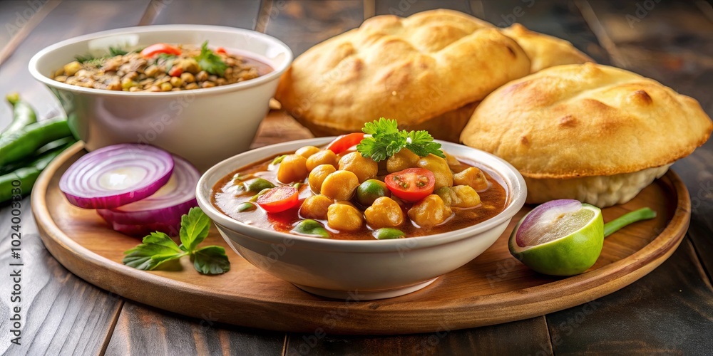 Aromatic Chickpea Curry with Fluffy Bread, Garlands of Green Chilis, and Sliced Onion Rings for a Savory Meal Aromatic Chickpea Curry with Fluffy Bread, Garlands of Green Chilis, and Sliced Onion Rings for a Savory Meal