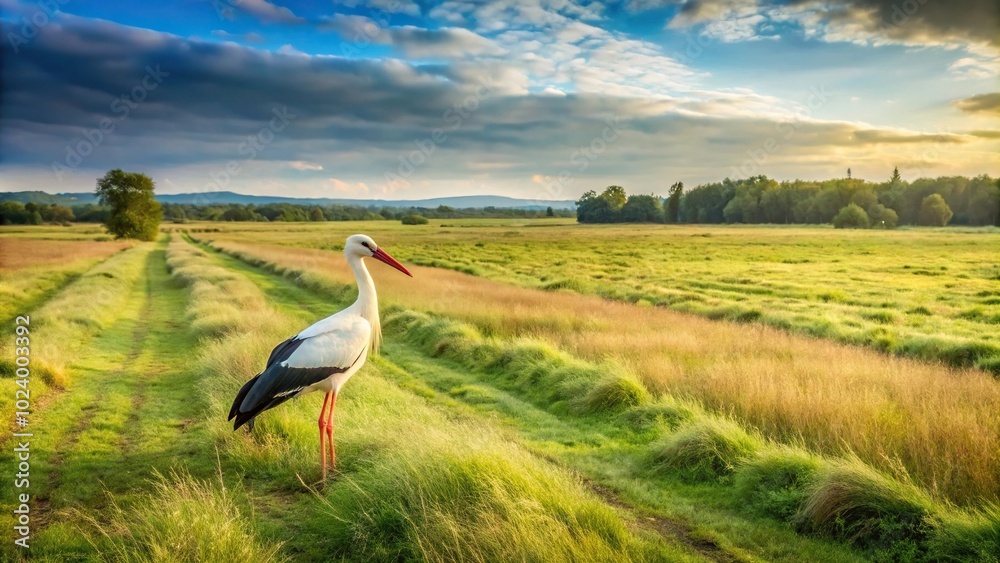 Fototapeta premium High angle panorama peaty meadow white stork