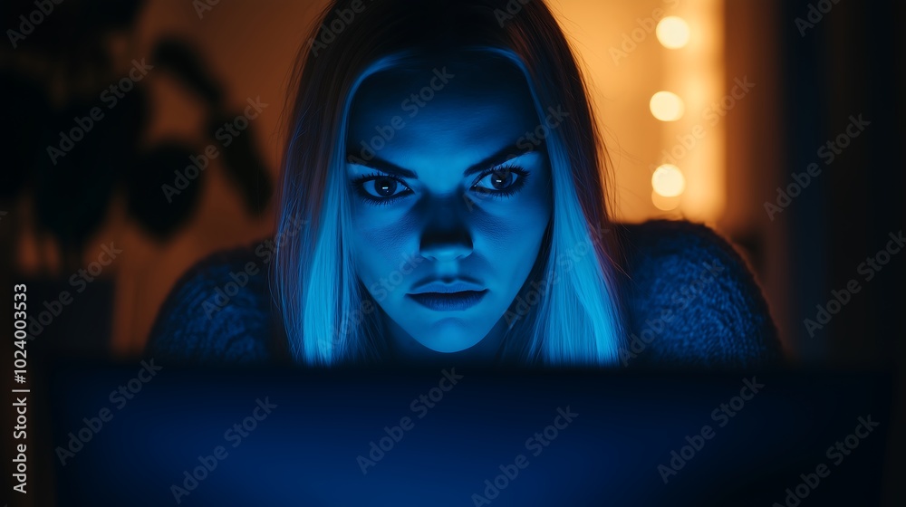 Focused Woman Staring at Screen Late at Night Focused Woman Staring at Screen Late at Night