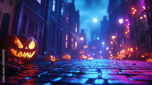 spooky halloween scene lit jack-o-lanterns on old town cobbled road street bokeh unfocused moonlight eerie blue green orange white background seasonal backdrop wallpaper