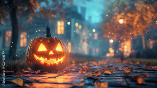 orange jack-o-lantern pumpkin halloween holiday on ground in the dark background glowing bokeh lights blue night leaves on the ground seasonal autumn backdrop space for copy text small town street