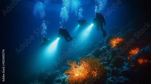 Wallpaper Mural A group of divers with underwater flashlights exploring the vibrant coral reefs of Koh Tao at night, their beams illuminating colorful marine life and fish against the dark ocean backdrop. Torontodigital.ca