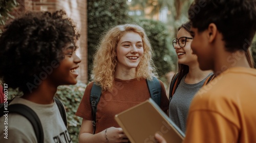 A group of students walking through the college campus, engaging in conversation and smiling, with books in hand, looking excited to start the school day.