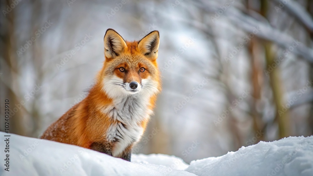 High angle red fox in winter forest hunting High angle red fox in winter forest hunting