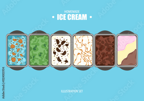 Vector illustration set of gelato ice cream Assorted colors and flavors on a tray: mint cookies, green tea, cookies, cream, Ammon, caramel, choco, strawberry, vanilla. Dessert menu, isolated ice cream