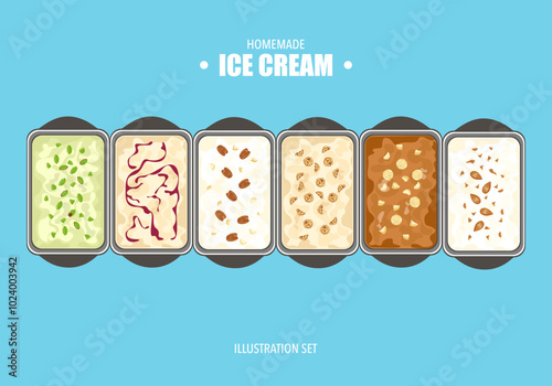 Vector illustration set of gelato ice cream Many colors and flavors in the tray Bitachios, berries, walnuts, pecans, macadamia, almonds, vanilla, milk. Dessert menu, ice cream isolated illustration.