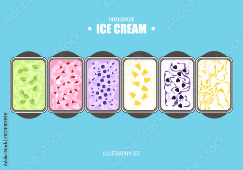 Vector illustration set of gelato ice cream Assorted colors and flavors on a tray. Mixed fruits, kiwi, strawberry, blueberry, pineapple, mulberry, mango. Dessert menu, isolated ice cream illustration.
