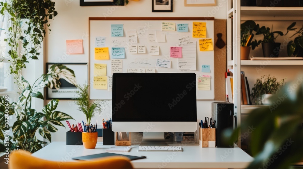 A home office with a whiteboard full of notes, sticky reminders, and markers, showing an organized workspace. A home office with a whiteboard full of notes, sticky reminders, and markers, showing an organized workspace.