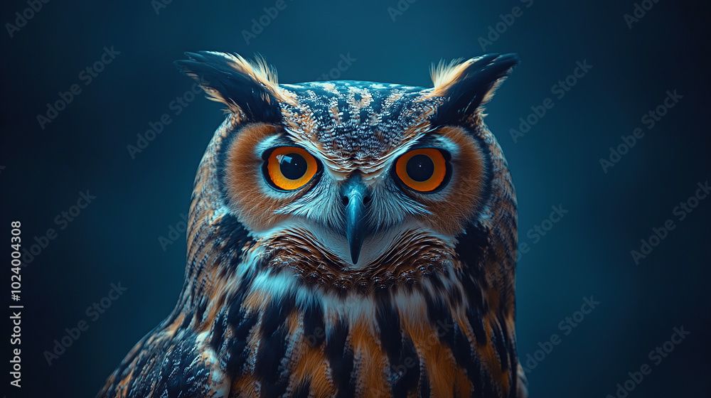 Portrait of an owl, looking at the camera, against a dark blue background Portrait of an owl, looking at the camera, against a dark blue background