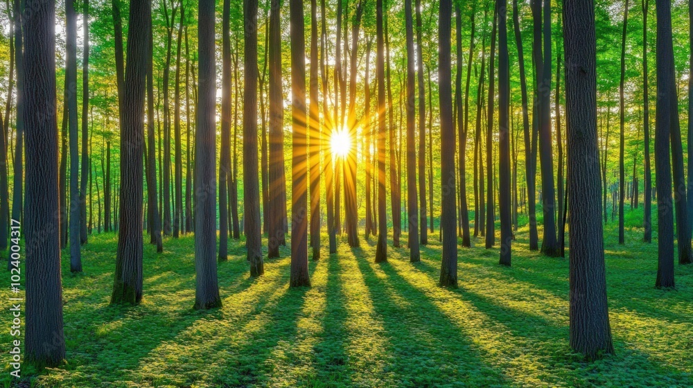 Obraz premium Sunlight beams through the trees in a lush forest.