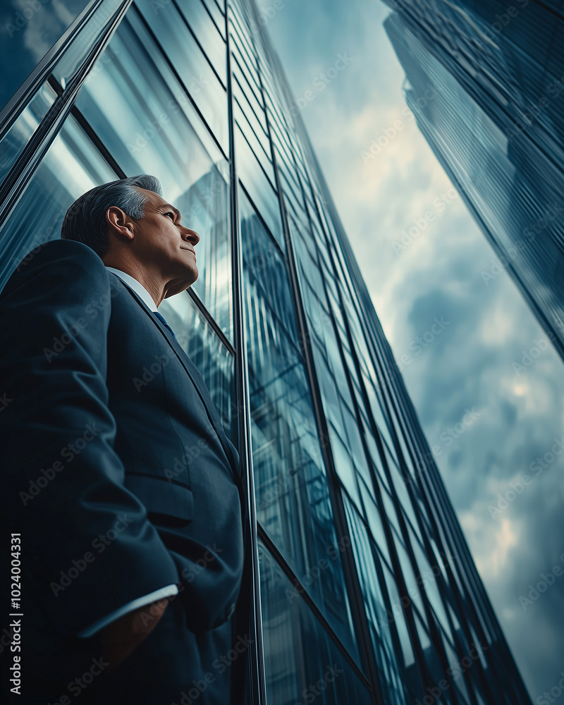 A high contrast portrait of a businessman standing in front of the reflective glass of a modern skyscraper A high contrast portrait of a businessman standing in front of the reflective glass of a modern skyscraper