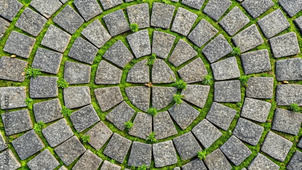 High angle seamless texture of round stone block pavement with grass or sidewalk High angle seamless texture of round stone block pavement with grass or sidewalk