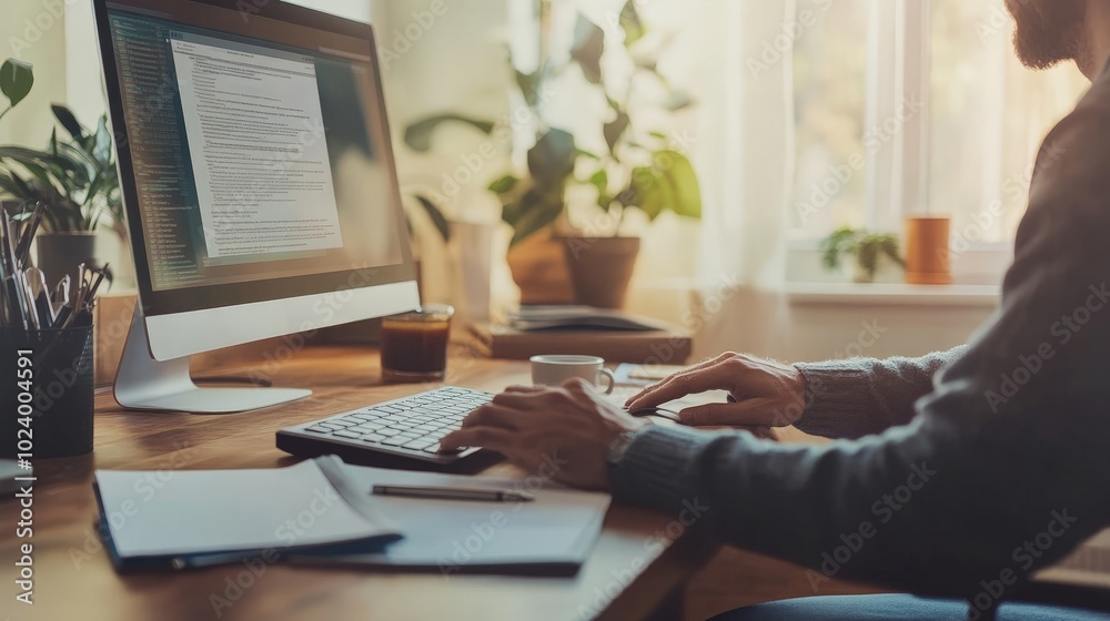 A man using a desktop computer at a large wooden desk in his home office, with paperwork and a cup of coffee nearby. A man using a desktop computer at a large wooden desk in his home office, with paperwork and a cup of coffee nearby.