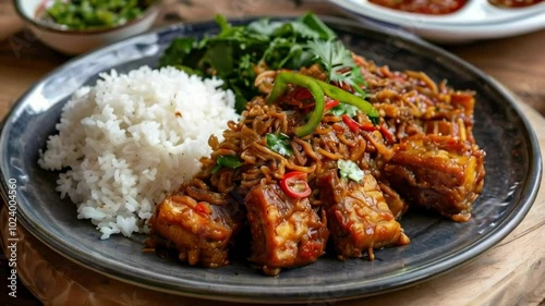 Fried Tempeh with Shrimp Paste Chili Sauce on a Plate photo