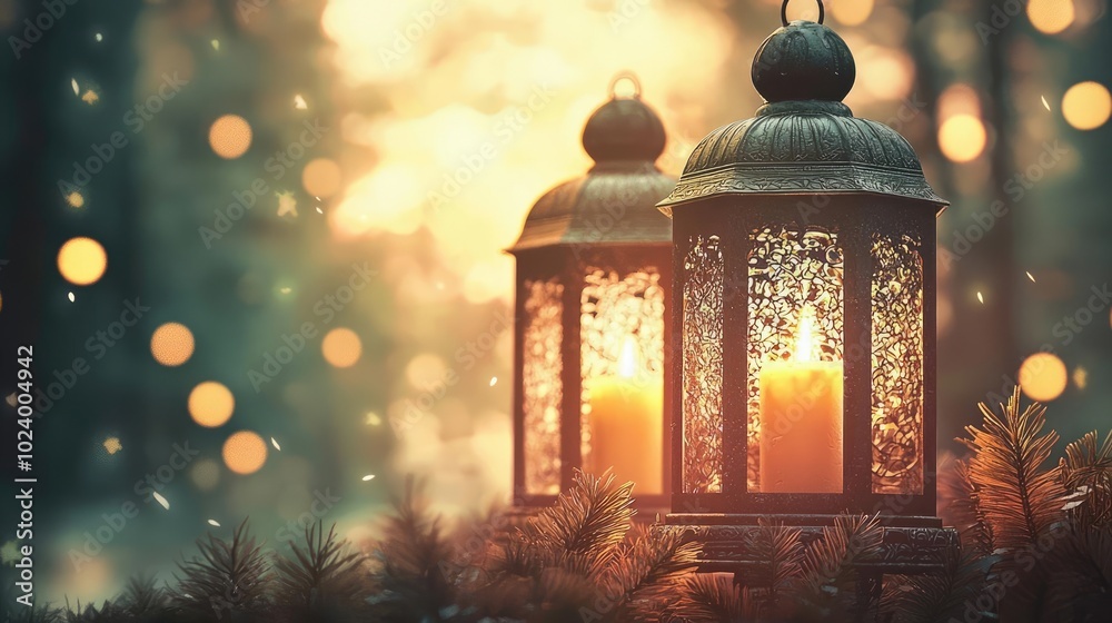 A warm, glowing lantern illuminates a magical forest scene, creating a serene atmosphere with soft bokeh lights in the background.