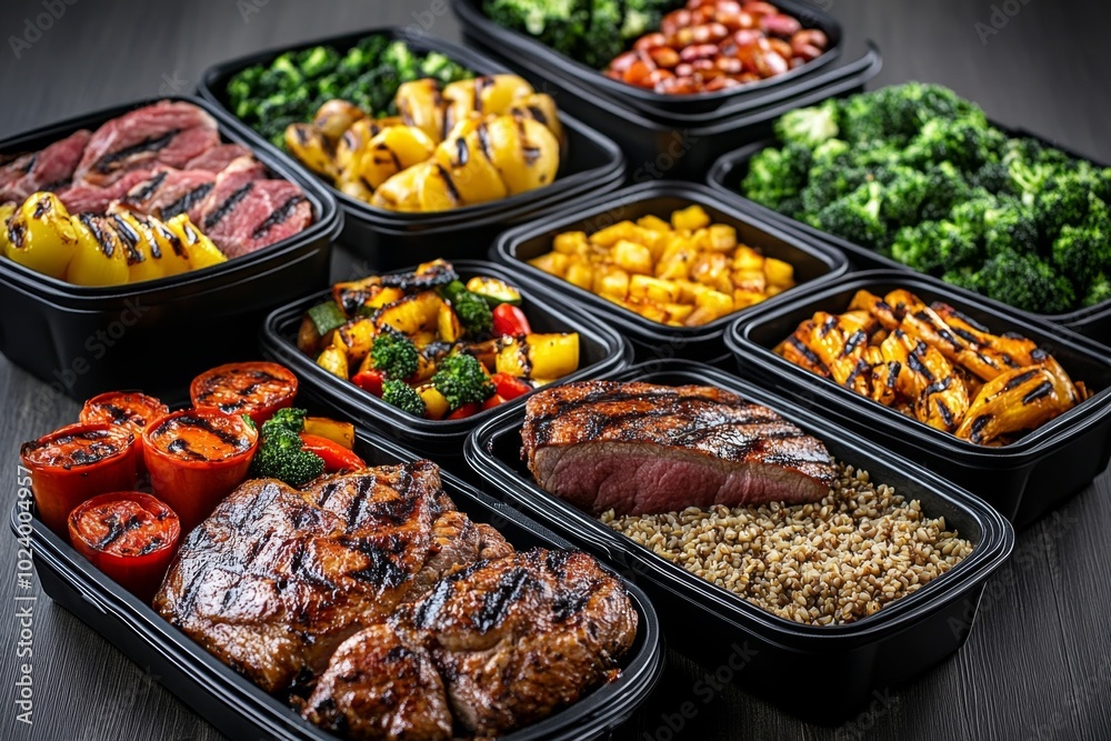 A meal prep scene with a variety of grilled meats, roasted vegetables, and brown rice, with containers ready for easy access throughout the week A meal prep scene with a variety of grilled meats, roasted vegetables, and brown rice, with containers ready for easy access throughout the week