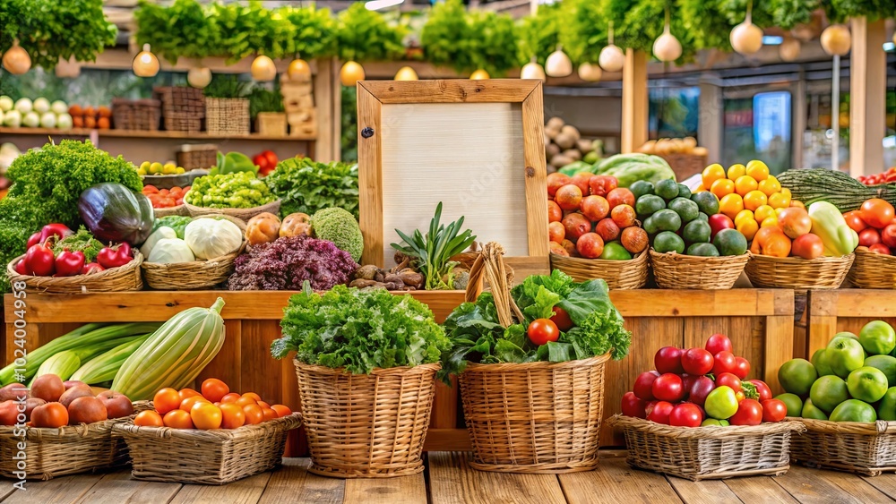 A Vibrant Display of Fresh Produce in Rustic Wicker Baskets, Arranged on Wooden Shelves with a Blank Sign for a Message of Abundance and Natural Goodness A Vibrant Display of Fresh Produce in Rustic Wicker Baskets, Arranged on Wooden Shelves with a Blank Sign for a Message of Abundance and Natural Goodness