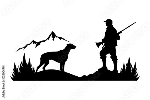 Scottish Game Hunting Silhouette of a Hunter with Dog Vector Illustration