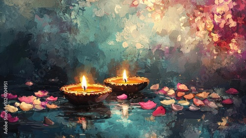 Serene floating lamps glimmer over a tranquil surface, surrounded by colorful petals and soft lights, creating a peaceful ambiance.