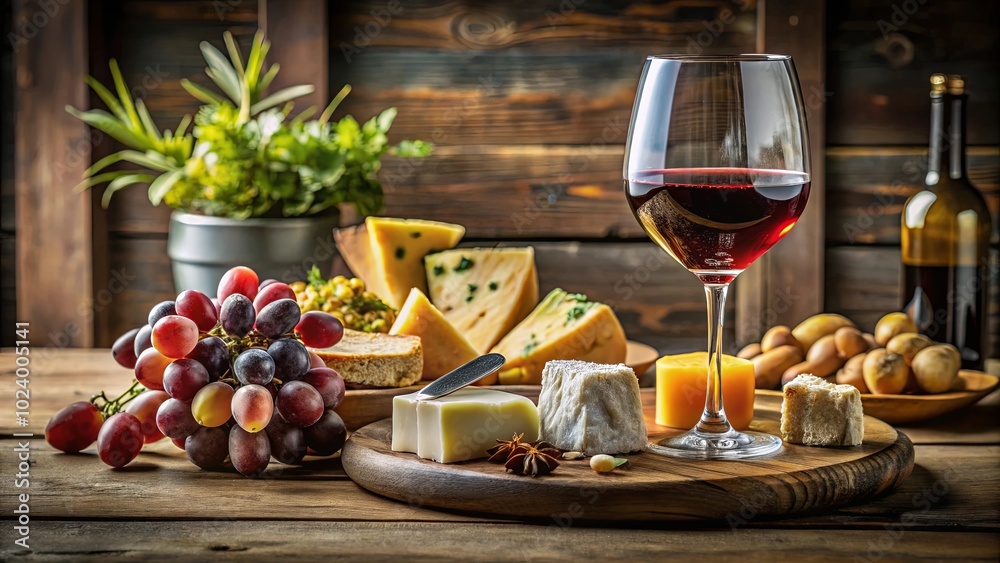 A Rustic Still Life Featuring a Glass of Red Wine, Grapes, Cheese, and Bread on a Wooden Table A Rustic Still Life Featuring a Glass of Red Wine, Grapes, Cheese, and Bread on a Wooden Table