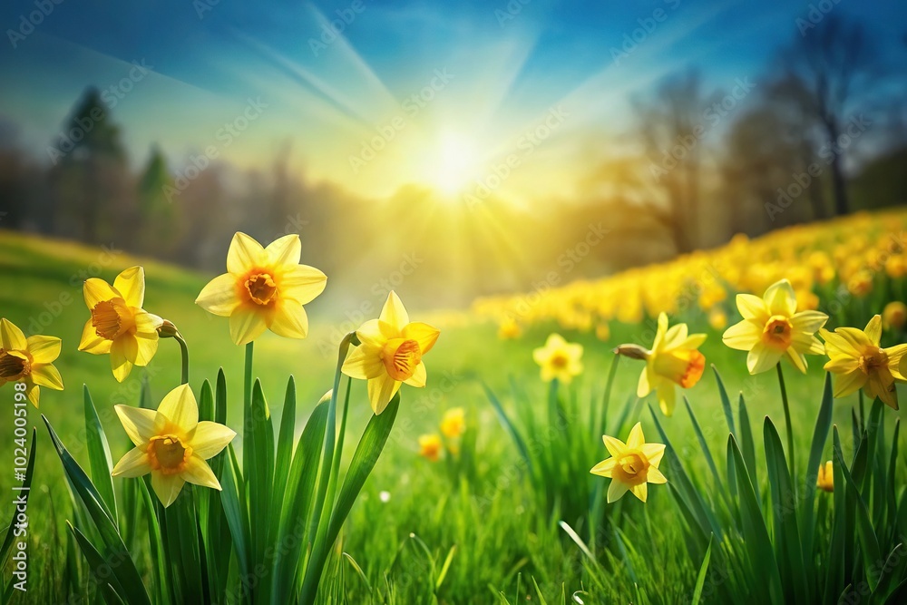 Fototapeta premium High angle springtime nature background with green grass field and yellow blooming daffodils